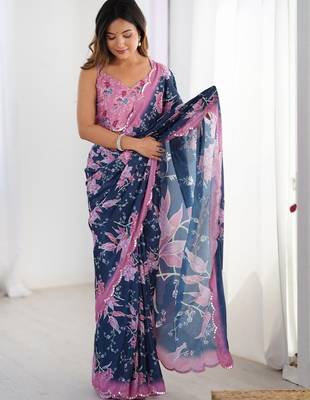 White floral kutchi embroidery silk blend saree 4