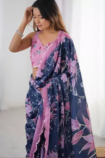 White floral kutchi embroidery silk blend saree