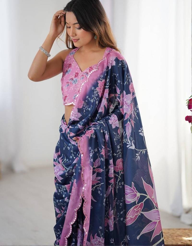 White floral kutchi embroidery silk blend saree