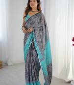 cream floral kutchi embroidery silk blend saree