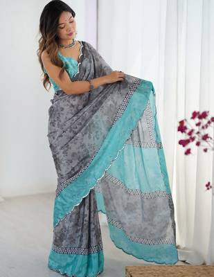 cream floral kutchi embroidery silk blend saree 5