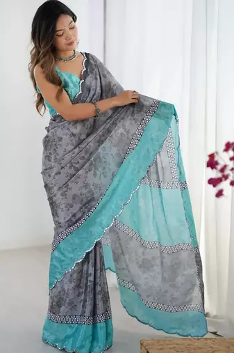 cream floral kutchi embroidery silk blend saree