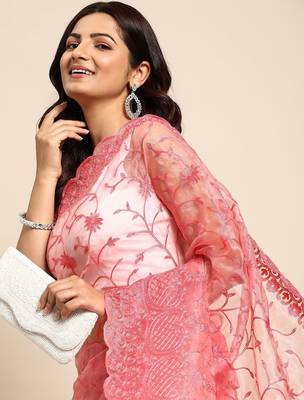 red floral embroidered organza saree 1