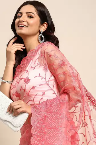 red floral embroidered organza saree