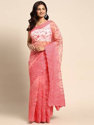 red floral embroidered organza saree 2