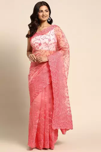 red floral embroidered organza saree