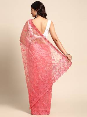 red floral embroidered organza saree 3