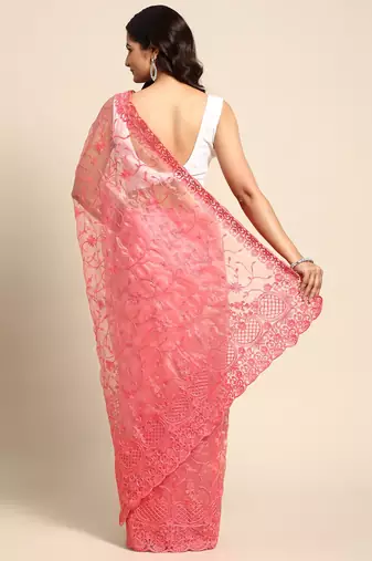 red floral embroidered organza saree