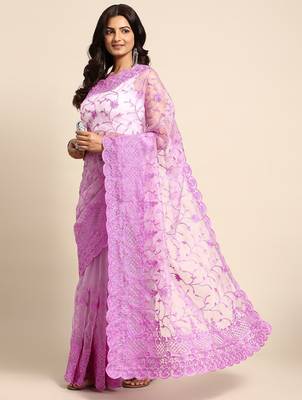 lavender floral embroidered organza saree 2