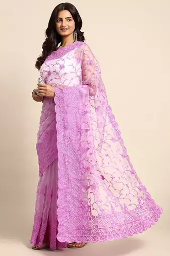 lavender floral embroidered organza saree