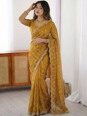 Mustard leheriya embroidered satin designer saree 1