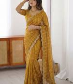 Mustard leheriya embroidered satin designer saree