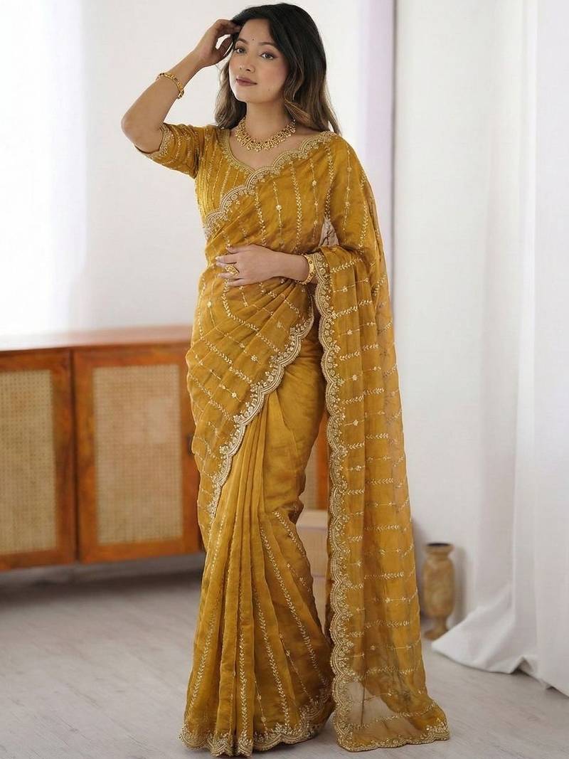 Mustard leheriya embroidered satin designer saree