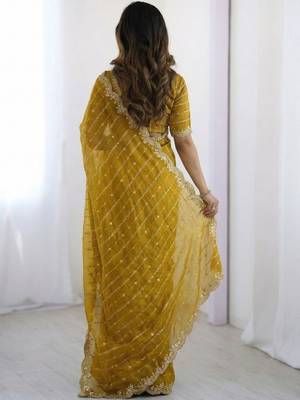 Mustard leheriya embroidered satin designer saree 2