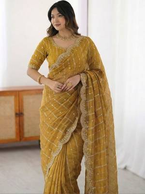 Mustard leheriya embroidered satin designer saree 3