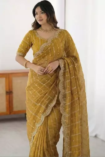 Mustard leheriya embroidered satin designer saree