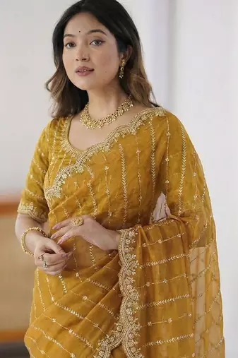 Mustard leheriya embroidered satin designer saree