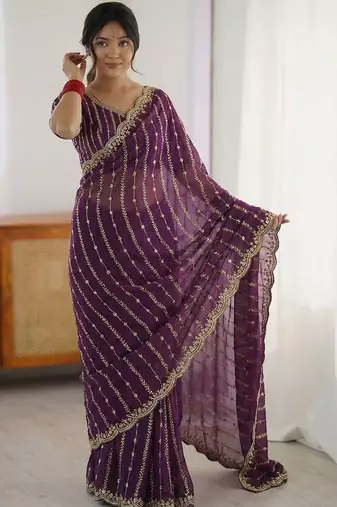 purple leheriya embroidered satin designer saree