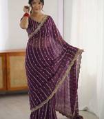 purple leheriya embroidered satin designer saree