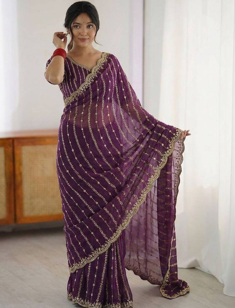 purple leheriya embroidered satin designer saree