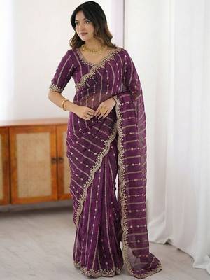 purple leheriya embroidered satin designer saree 2