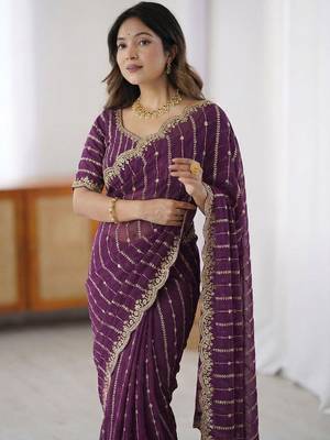 purple leheriya embroidered satin designer saree 3