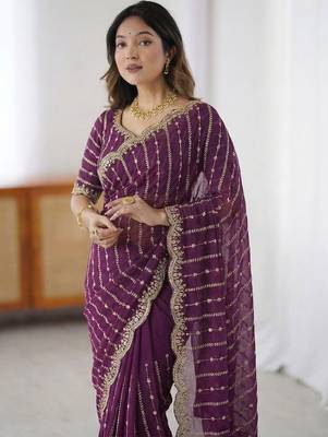 purple leheriya embroidered satin designer saree 4