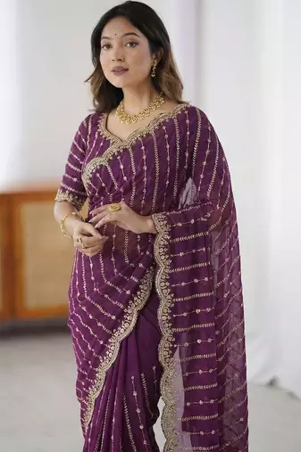 purple leheriya embroidered satin designer saree
