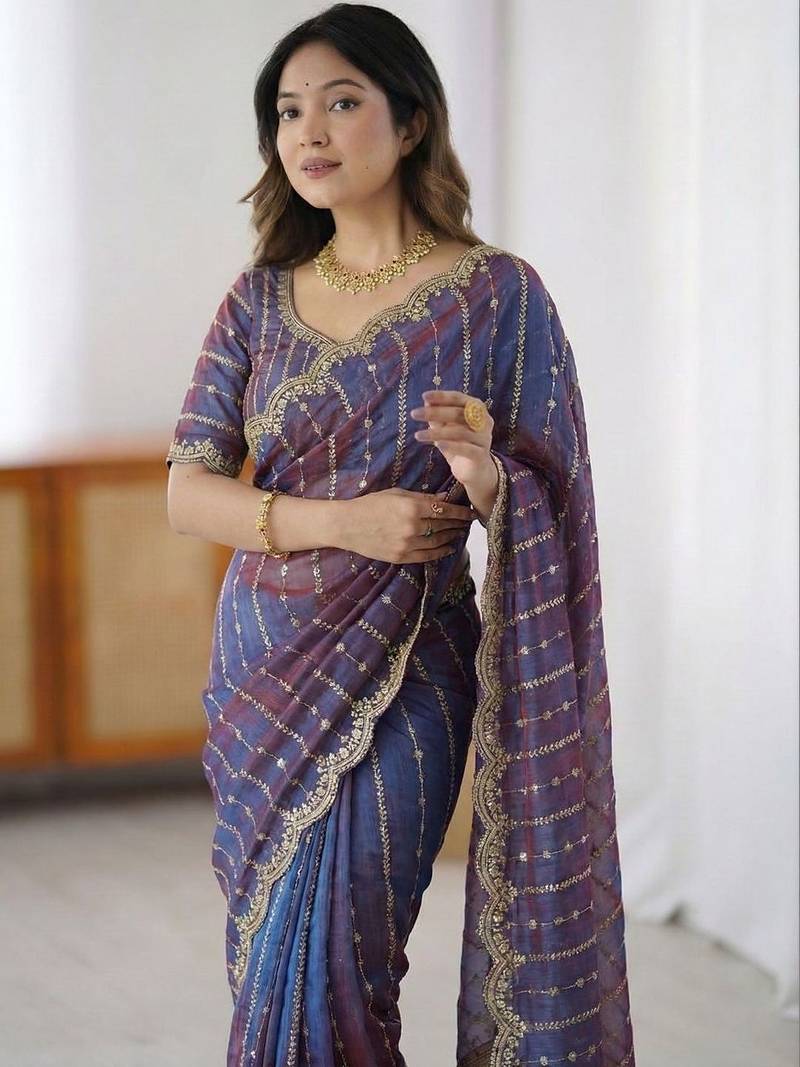 blue woven design zari satin designer saree