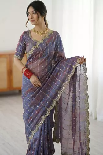 blue woven design zari satin designer saree