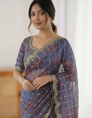 blue woven design zari satin designer saree 4