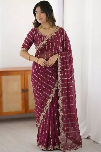 Maroon embellished embroidered satin heavy work saree
