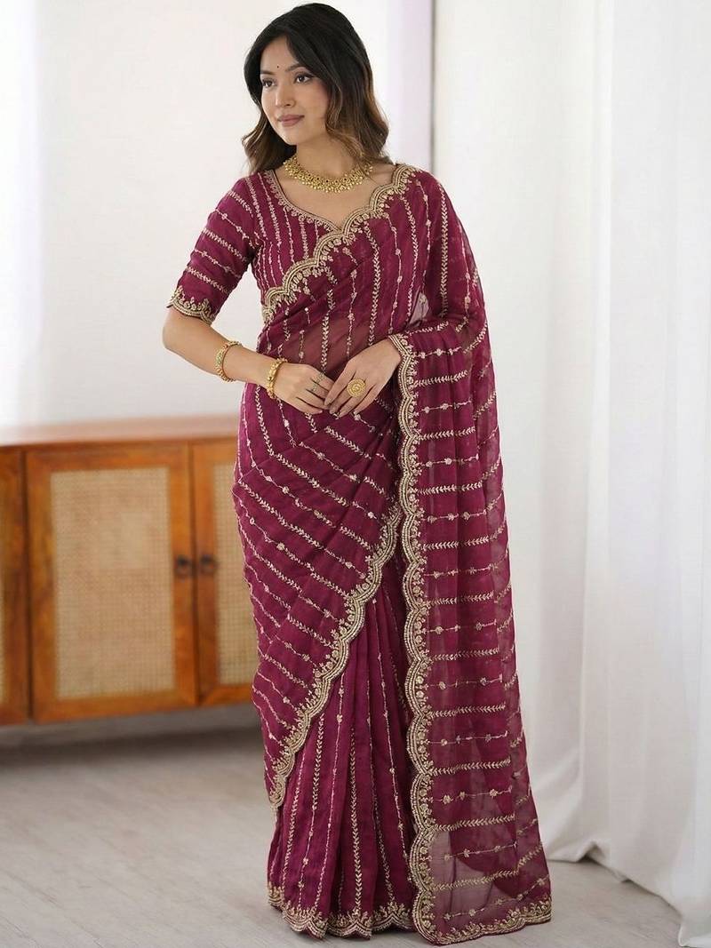 Maroon embellished embroidered satin heavy work saree