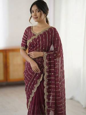 Maroon embellished embroidered satin heavy work saree 3