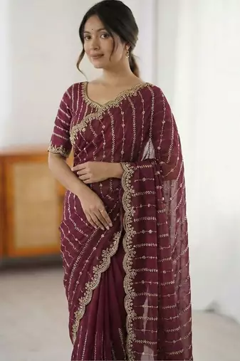 Maroon embellished embroidered satin heavy work saree