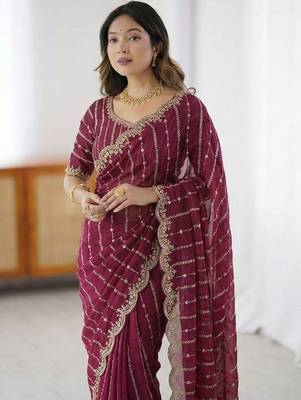 Maroon embellished embroidered satin heavy work saree 4