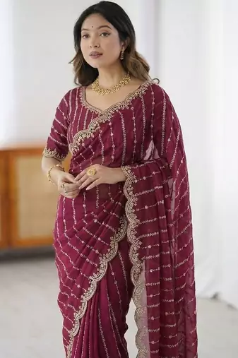 Maroon embellished embroidered satin heavy work saree