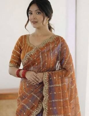 orange embellished embroidered satin saree 1