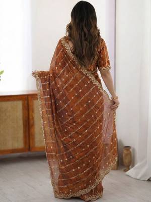 orange embellished embroidered satin saree 2