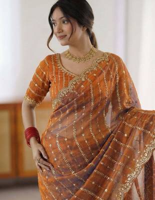 orange embellished embroidered satin saree 3