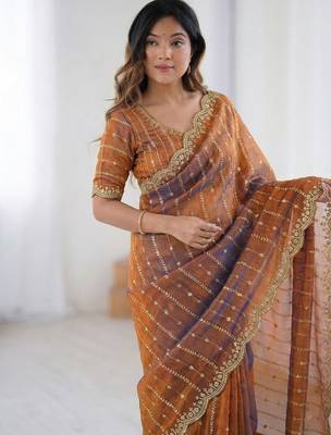 orange embellished embroidered satin saree 4