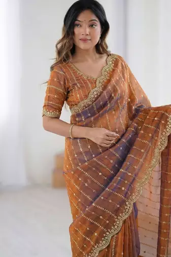 orange embellished embroidered satin saree