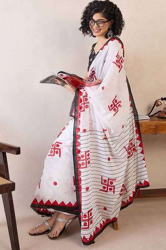White ethnic motifs ready to wear bagh saree