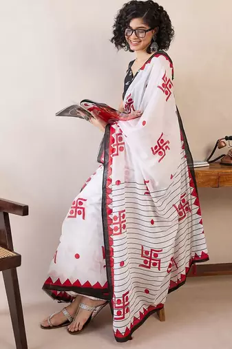 White ethnic motifs ready to wear bagh saree