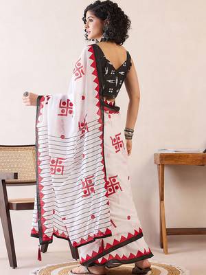 White ethnic motifs ready to wear bagh saree 2