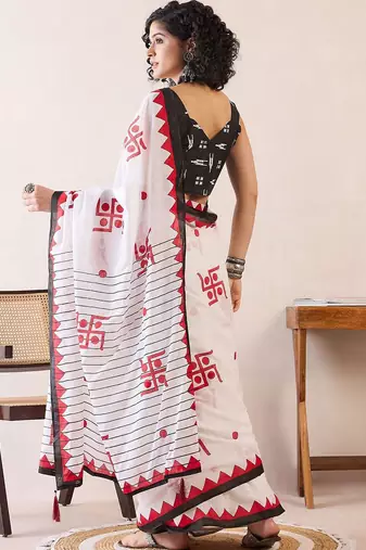 White ethnic motifs ready to wear bagh saree