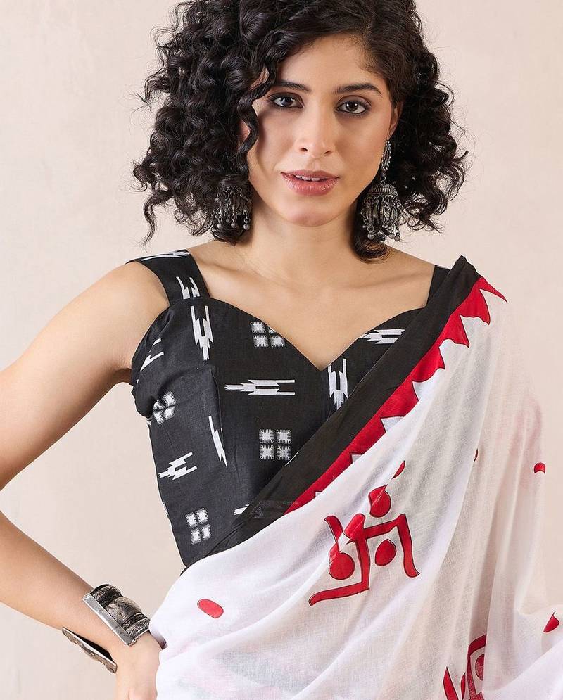White ethnic motifs ready to wear bagh saree