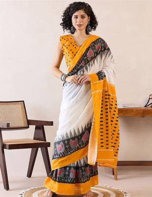 white ethnic motifs ready to wear ikat saree 1
