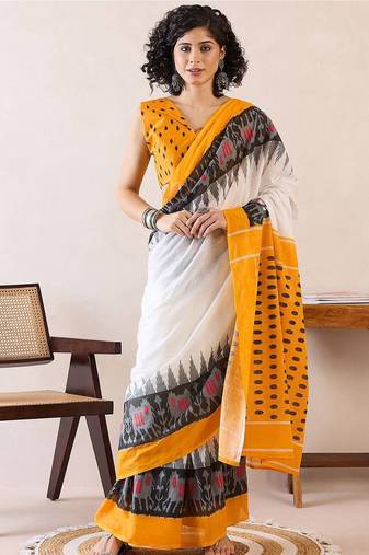 white ethnic motifs ready to wear ikat saree
