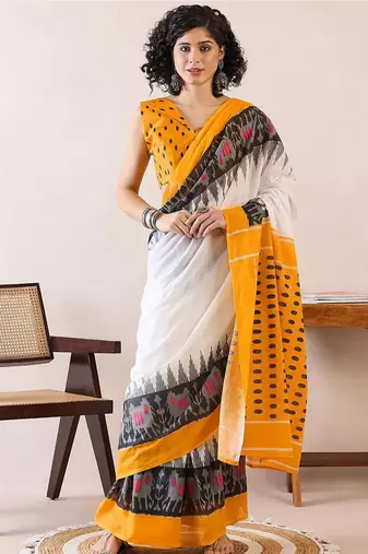 white ethnic motifs ready to wear ikat saree